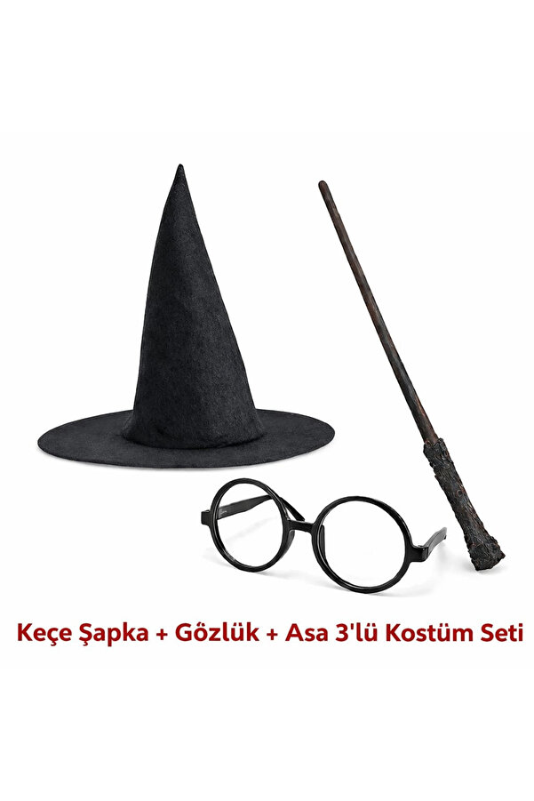 Evi̇mdeyokyok Harry Potter Tarzı Çocuk Seti̇ (Si̇yah Keçe Şapka, Asa, Gözlük)