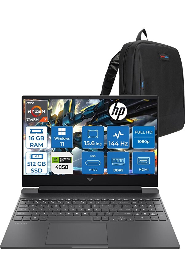 HP Victus Ryzen 7-7445HS 16GB 512GBSSD Rtx RTX4050/6GB 15.6" WIN11PRO WBX9U9EAF02+Zettaçnt