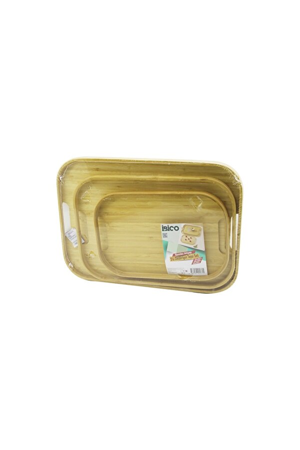 Go İthalat Di̇kdörtgen - 3 Boy Bambu Ahşap Tepsi̇ Seti̇ 22X33--28X40--33X45Cm