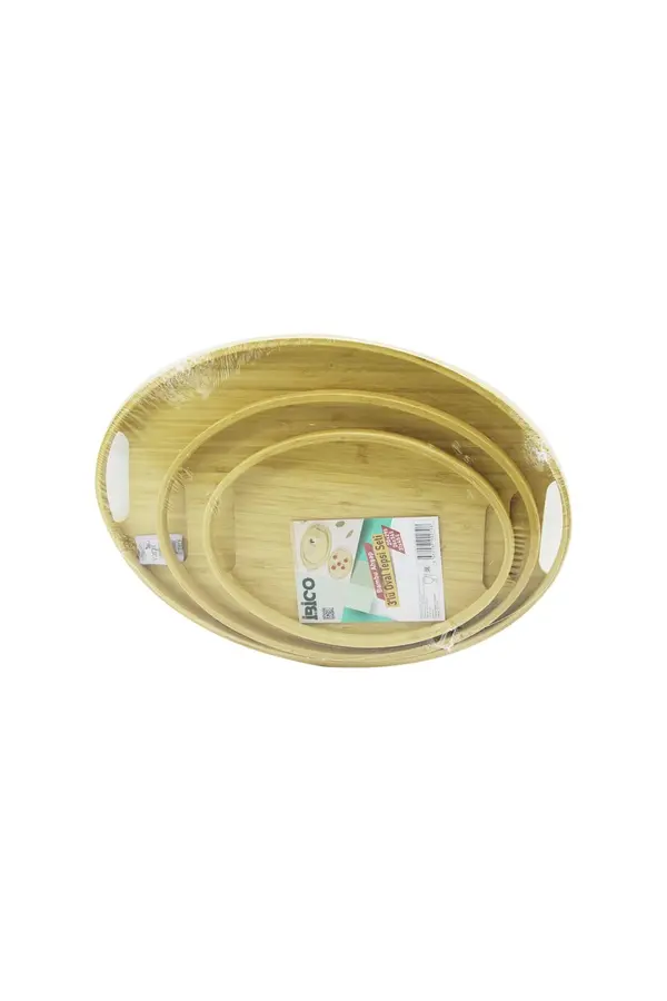 Go İthalat Oval - 3 Boy Bambu Ahşap Tepsi̇ Seti̇ 20X29--26X36--31X45Cm