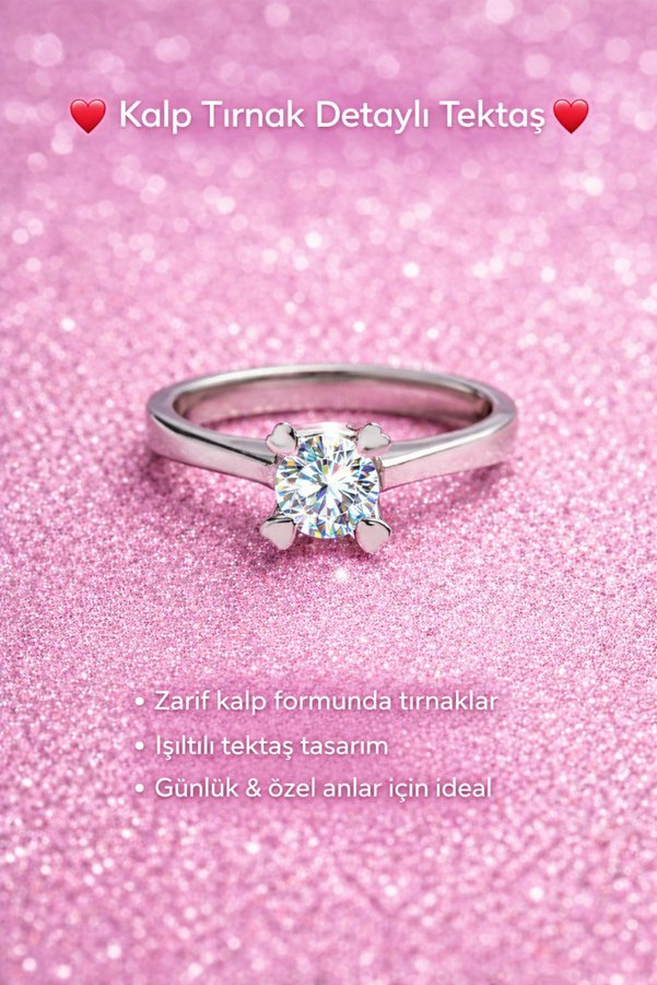 Crystal Diamond Zirconia Kalp tırnak detaylı tektaş yüzük