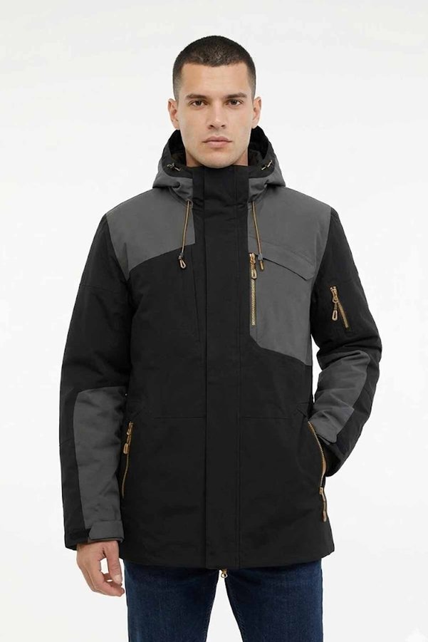 lumberjack Erkek Siyah Gri Kışlık Outdoor Mont - Su Rüzgar Geçirmez Kapüşonlu Mont