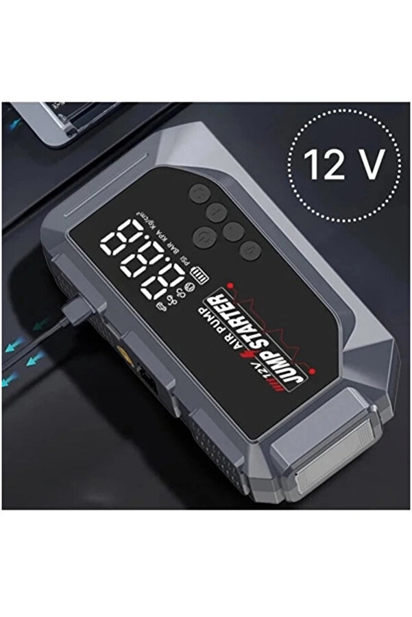 Evi̇mdeyokyok Vtn-605 Şarjlı 12.000 Mah Taşınabi̇li̇r Çantalı Araç Akü Şarj Takvi̇yeli̇ Işıklı Hava Kompresörü