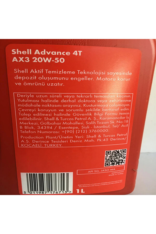 Shell Yağ 20/50 Advance 4T Ax3 Mi̇neral 1 L Motosi̇klet Yağı