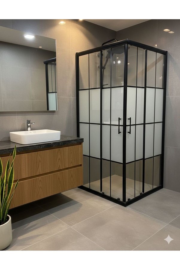 DOCCİA BELLA BANYO Duşakabin kare siyah alüminyum 5mm temperli karolajlı bzulu cam