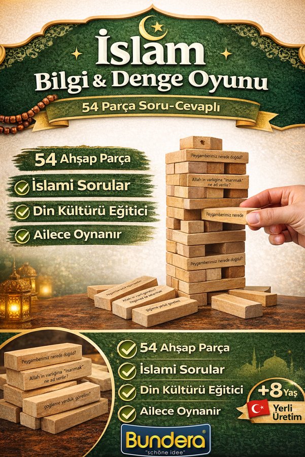 Bundera İslam Bilgi & Denge Oyunu 54 Parça Ahşap Jenga – Din Kültürü Soru Cevap Yeni Aile Oyunu