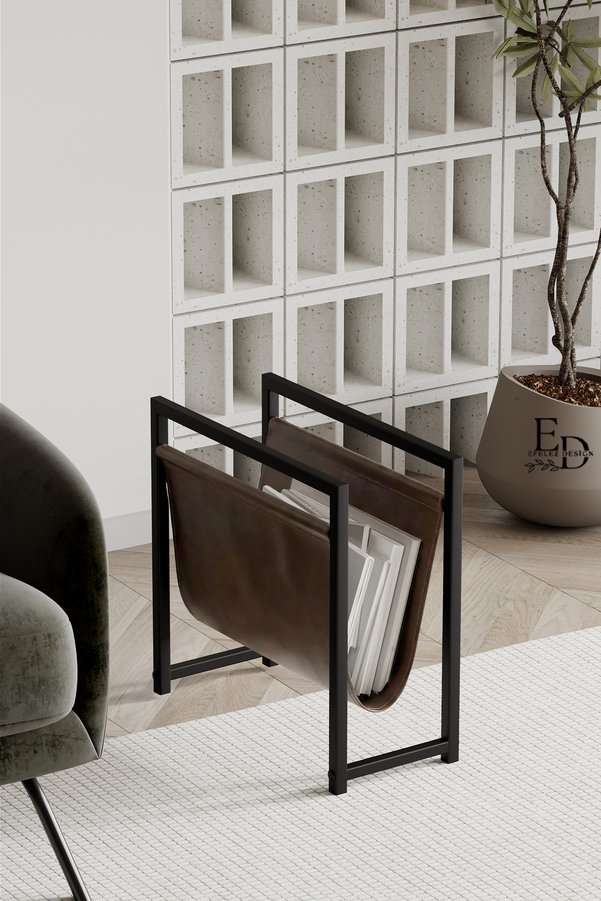 ED Efelez Design Gazetelik Dergilik Coral Koltuk Yanı Düzenleyici Siyah Metal - Kahverengi Deri