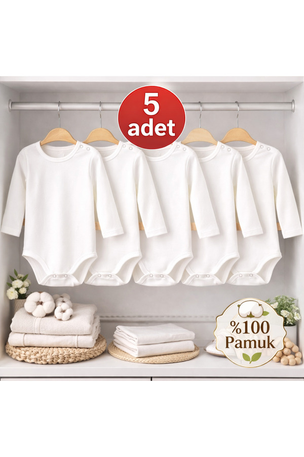 OMY 5'li 0-5 Yaş %100 Pamuk Uzun Kollu Bebek Body Pamuklu Unisex Kız Erkek Bebek Body Zıbın