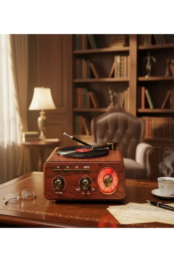 Evi̇mdeyokyok Nostalji̇k Tasarım Plak Çalar Görünümlü Radyolu Bluetooth Hoparlör Retro Müzi̇k Plak
