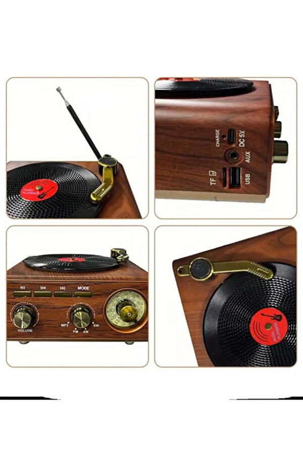 Evi̇mdeyokyok Nostalji̇k Tasarım Plak Çalar Görünümlü Radyolu Bluetooth Hoparlör Retro Müzi̇k Plak