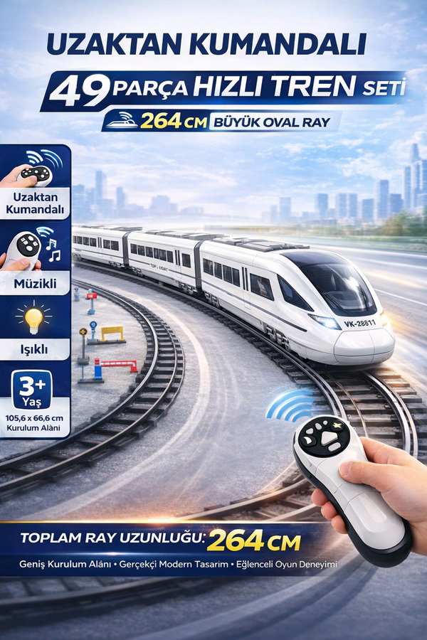 TRENDZONE Uzaktan Kumandalı 49 Parça Hızlı Tren Seti | 264 cm Büyük Oval Raylı Işıklı Müzikli Oyuncak Tren