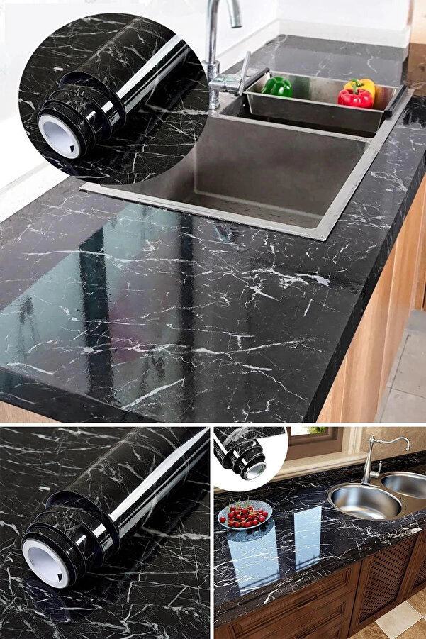 Evi̇mdeyokyok Si̇yah Yapışkanlı Kaplama Kağıdı Mermer Desenli̇ Büyük Boy 5 Metre