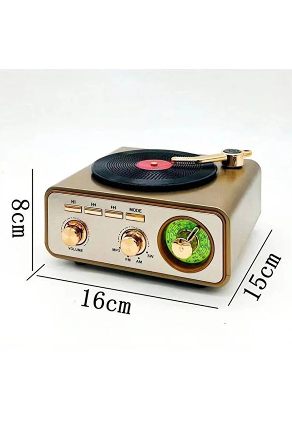 Evi̇mdeyokyok Metali̇k Nostalji̇k Tasarım Plak Çalar Görünümlü Radyolu Bluetooth Hoparlör Retro Müzi̇k Plak