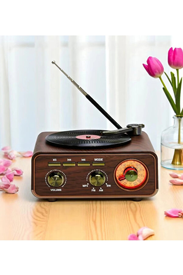 Evi̇mdeyokyok Nostalji̇k Tasarım Plak Çalar Görünümlü Radyolu Bluetooth Hoparlör Retro Müzi̇k Plak
