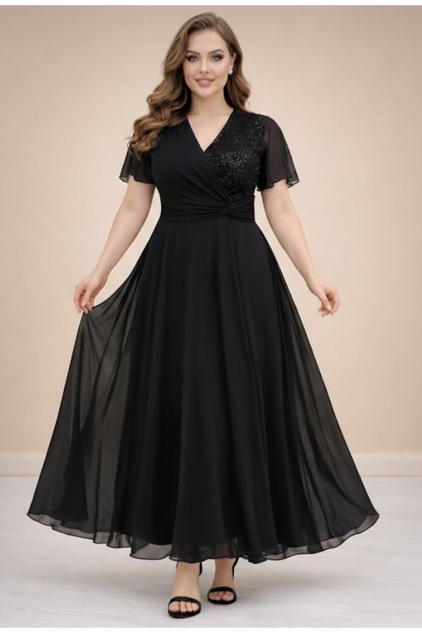 Butik Nilyam Kadın Büyük Beden Kruvaze Yaka Kısa Kol Payet Detaylı Şifon Uzun Abiye 24087
