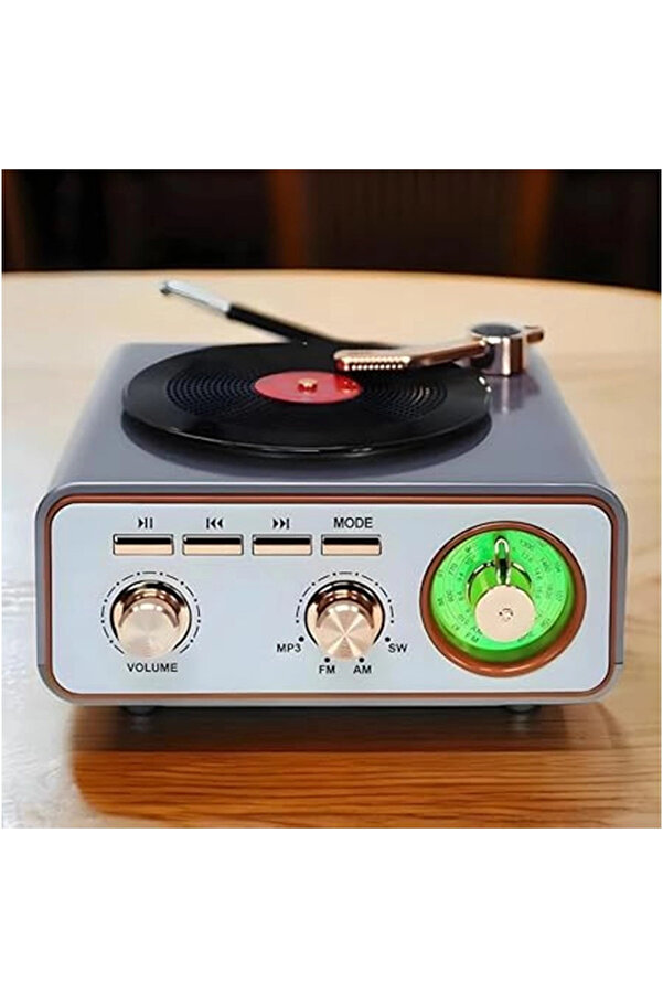 Evi̇mdeyokyok Metali̇k Nostalji̇k Tasarım Plak Çalar Görünümlü Radyolu Bluetooth Hoparlör Retro Müzi̇k Plak