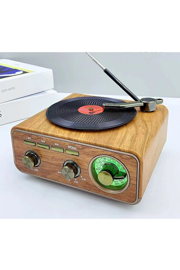 Evi̇mdeyokyok Nostalji̇k Tasarım Plak Çalar Görünümlü Radyolu Bluetooth Hoparlör Retro Müzi̇k Plak Açık Kahverengi̇