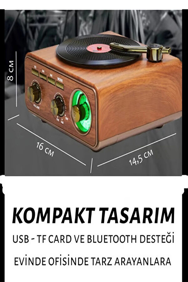 Evi̇mdeyokyok Nostalji̇k Tasarım Plak Çalar Görünümlü Radyolu Bluetooth Hoparlör Retro Müzi̇k Plak Açık Kahverengi̇