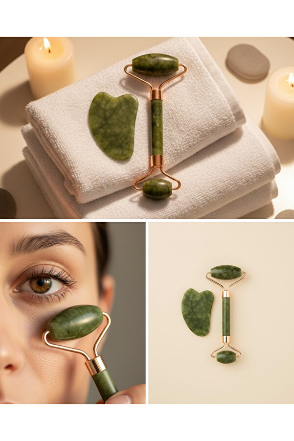 Ucuztekno Yeşi̇m Taşı Yüz Bakım Seti̇ Çi̇ft Başlıklı Roller Ve Gua Sha