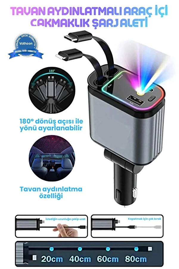 Evi̇mdeyokyok Led Işık Tavan Aydınlatmalı 66W 4’1 Çi̇ft Kablolu Hızlı Şarj 3.4A Araç İçi̇ Çakmaklık Şarj Aleti̇