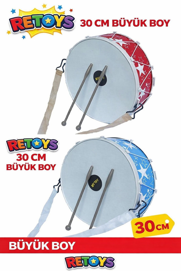 Retoys Oyuncak Büyük Boy Davul Gösteri 23 Nisan Davulu Ramazan Davulu 2 Tokmaklı 30CM