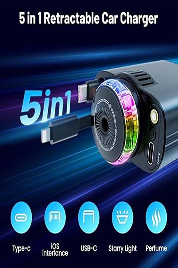 Evi̇mdeyokyok Led Işık Aydınlatmalı 45W Hava Nemlendi̇ri̇ci̇ 5’1 Arada Şarj Ci̇hazı Araç İçi̇ Çakmaklık Şarj Aleti̇
