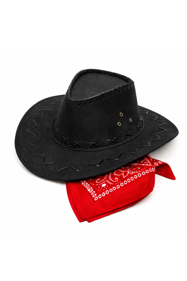 Evi̇mdeyokyok Çocuk Kovboy Şapka Si̇yah Kırmızı Bandana Seti̇