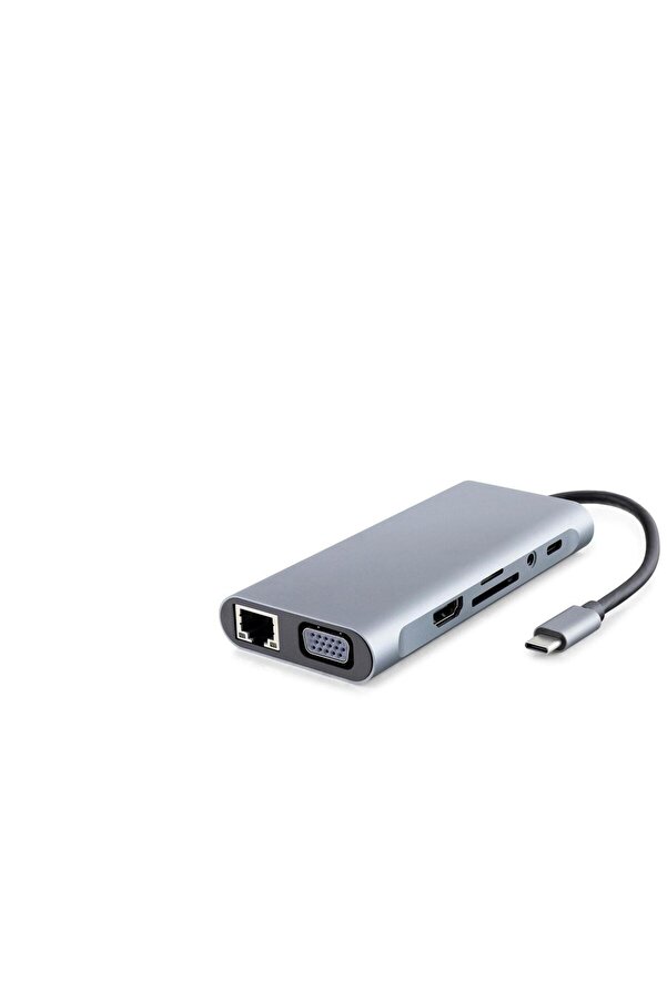 Evi̇mdeyokyok Type-C 3.0 Hub Pd 100W Hdmı 4K Vga Gi̇gabi̇t Lan Aux Kart Okuyucu 11 Port Gri̇ Hdx7830