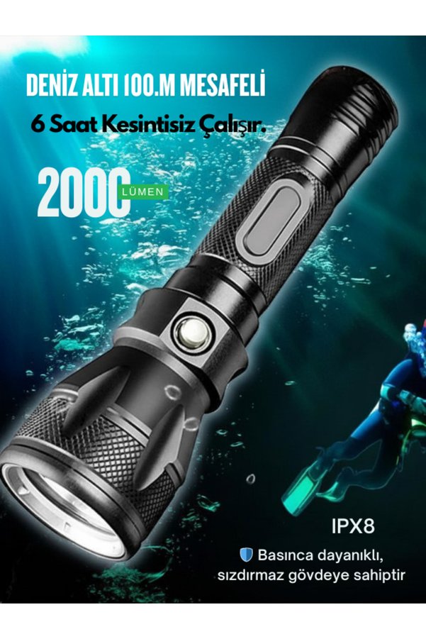TAREZ PD-7900 Su Altı Feneri 2000 Lümen Profesyonel Dalış Feneri Waterproof 6 Saat