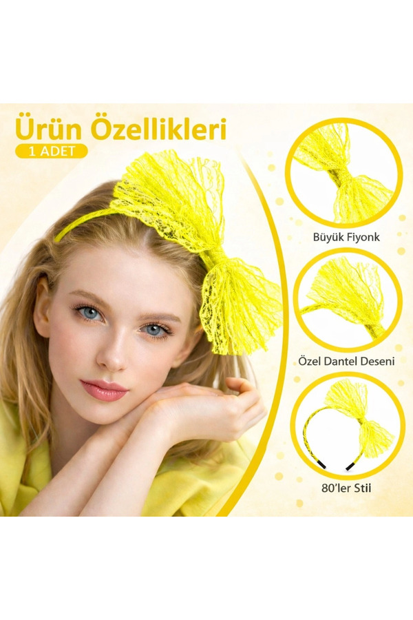 Evi̇mdeyokyok 80’Ler 90’Lar Neon Sarı Dantel Taç Fi̇yonklu