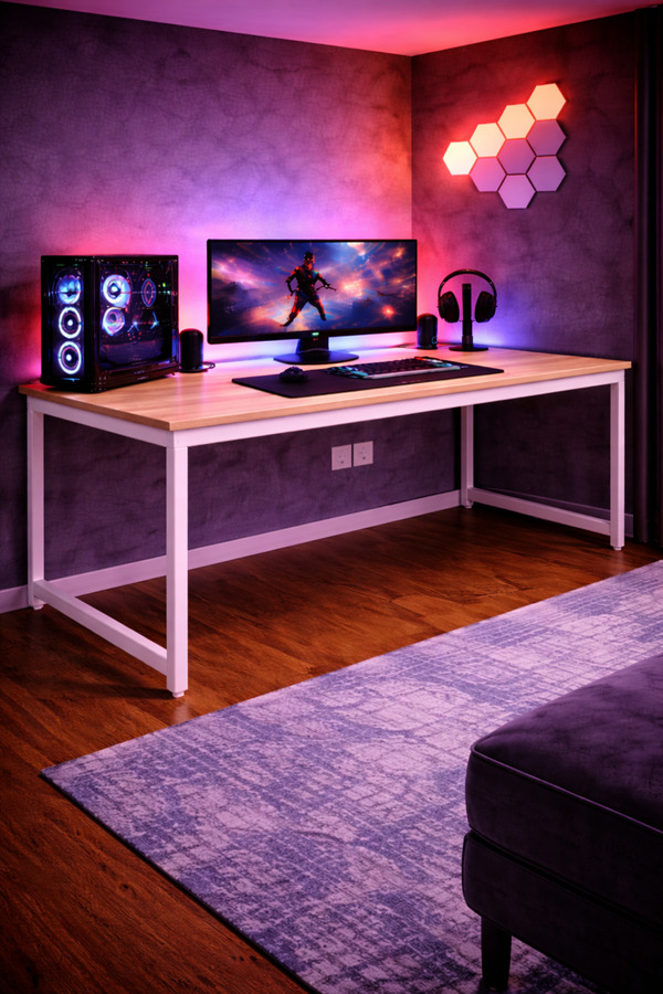 Flinder Çam/Beyaz Oyuncu Masası 160x60 Bilgisayar Masası Gamer Masası Gaming Masa Metal Ayaklı