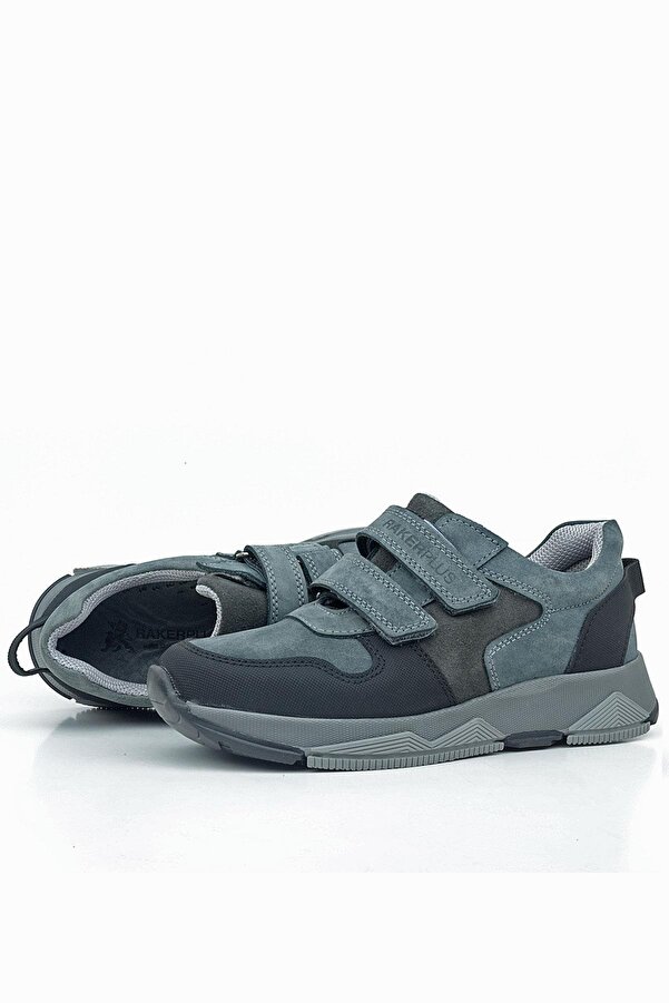 Ortopedi̇kal 3880 Rakerplus Haki̇ki̇ Deri̇ Koyu Gri̇ Si̇yah Çocuk Sneakers Spor Ayakkabı Cırtlı