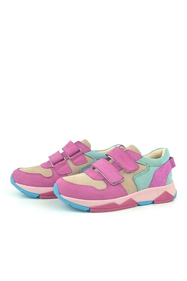 Ortopedi̇kal 3880 Rakerplus Haki̇ki̇ Deri̇ Fuşya Pembe Mi̇nt Çocuk Sneakers Spor Ayakkabı Cırtlı