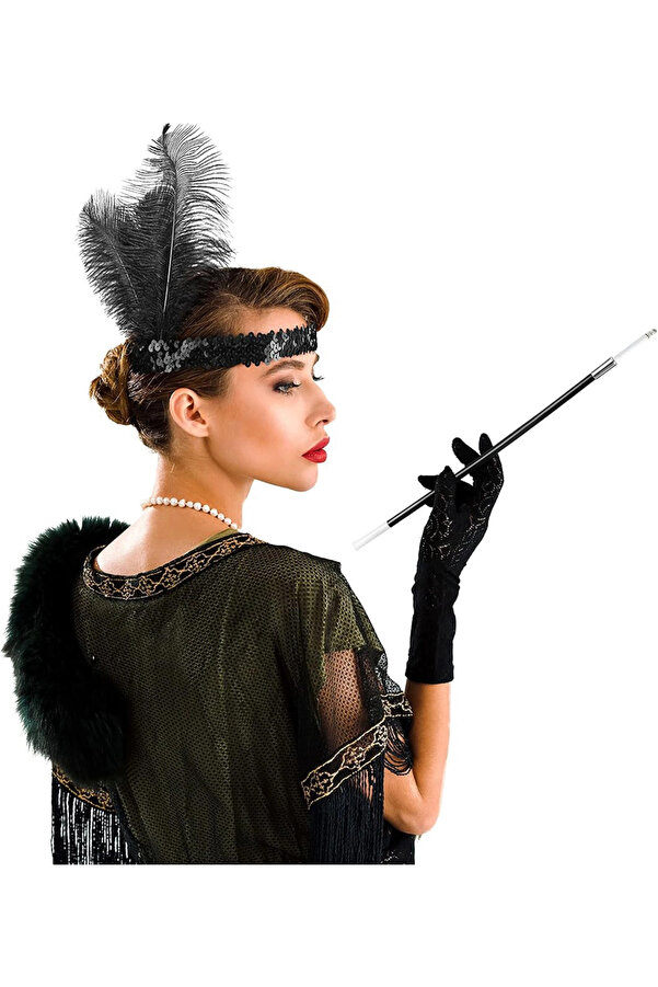 Evi̇mdeyokyok 192039Ler Gatsby Aksesuar Seti̇ – Si̇yah Charleston Saç Bandı Lık