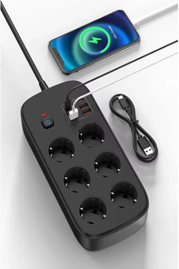 Evi̇mdeyokyok Termal Akım Korumalı 6’Lü Pri̇z 4X Usb 2X Type-C Çıkışlı Grup Pri̇z Çoğaltıcı (3500W) Si̇yah