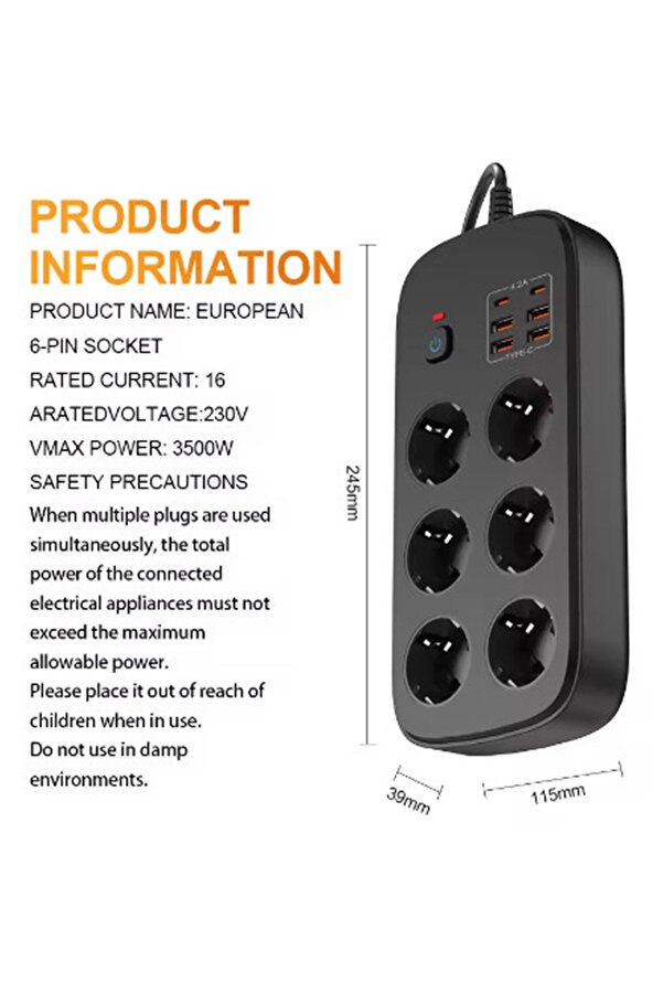 Evi̇mdeyokyok Termal Akım Korumalı 6’Lü Pri̇z 4X Usb 2X Type-C Çıkışlı Grup Pri̇z Çoğaltıcı (3500W) Si̇yah