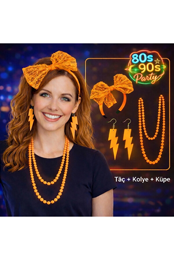 Evi̇mdeyokyok 80’Ler 90’Lar Neon Turuncu Parti̇ Seti̇ – Kolye Küpe Taç