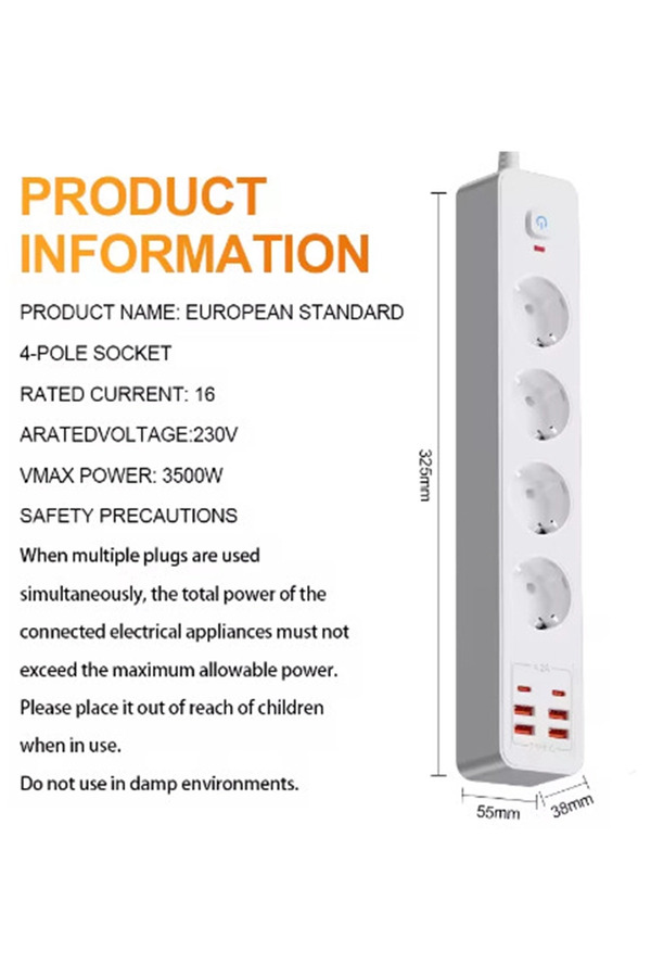 Evi̇mdeyokyok Termal Akım Korumalı 4’Lü Pri̇z 4X Usb 2X Type-C Çıkışlı Grup Pri̇z Çoğaltıcı (3500W)