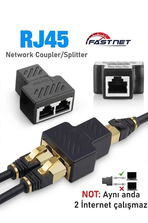 Derwell RJ45 Splitter Adaptörü Çift Portlu Ethernet Kablosu Uzatıcı Ağ Bağlayıcısı Cat5e/Cat6/Cat7 PC/Laptop
