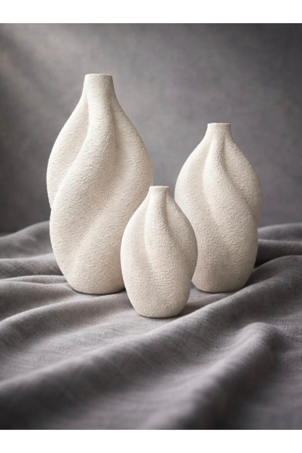 aymumi home 3’lü Modern Dokulu Seramik Gorunumlu Vazo Seti 19-15-10 cm | Minimal Ev Dekorasyon Çiçeklik