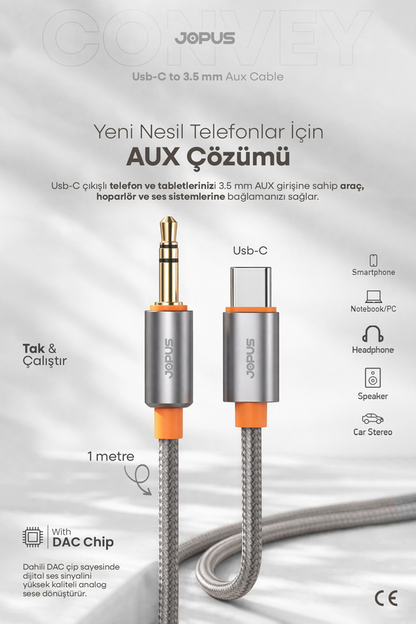 Jopus İphone Android Uyumlu - Type-C To 3.5mm Aux Kablo - Tak Çalıştır Aux Örgülü - 1 Metre - JA-05