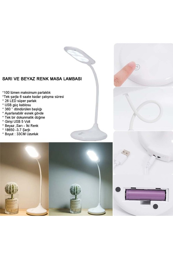 Ethab Ticaret Şarjlı Sarı Ve Beyaz Renk Masa Lambasi Wt-005
