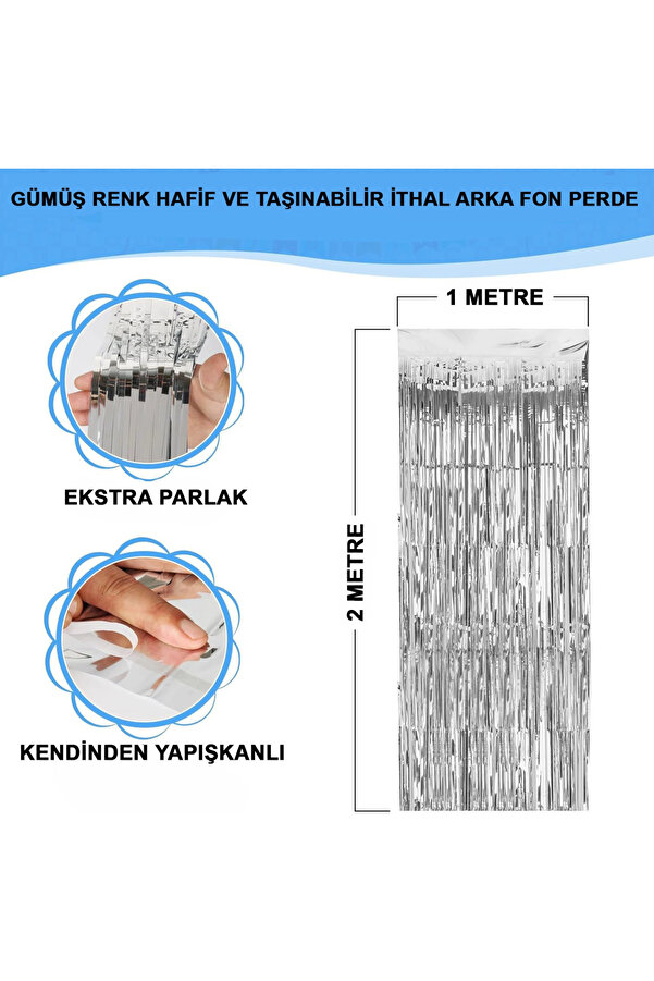 Evi̇mdeyokyok Gümüş Renk Ekstra Metali̇ze Parlak Saçaklı Arka Fon Perde İthal A Kali̇te 1X2 Metre