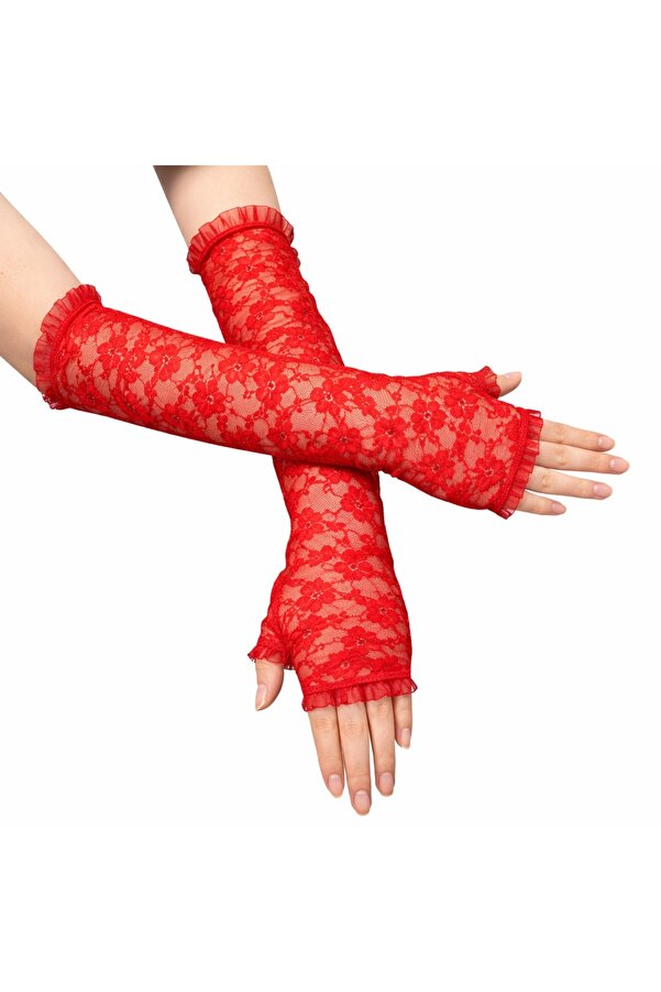 Evi̇mdeyokyok Uzun Zari̇f Dantel Eldi̇ven Parmaksız Kırmızı 35 Cm