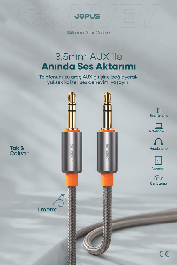 Jopus 3.5mm Aux to 3.5mm Aux Kablo Stereo Destekli Örgülü Füme 1 Metre Füme JA-05