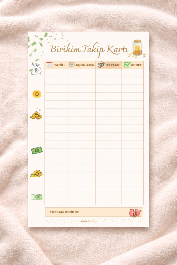 Mint Design Birikim Ajandası Takip Kartı | Para Birikim Takip Çizelgesi / Tablosu
