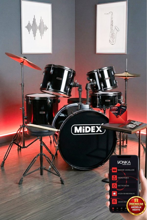 Midex Cd900x-bk 22'' yetişkin akustik Bateri Davul Seti 22b-13t-12t-16f-14s