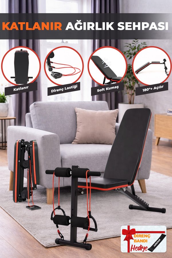 RELAXUS Ev Tipi Çok Fonksiyonlu Dambıl Bench Press ve Mekik Sehpası Antrenman Aleti Direnç Lastiği Hediye