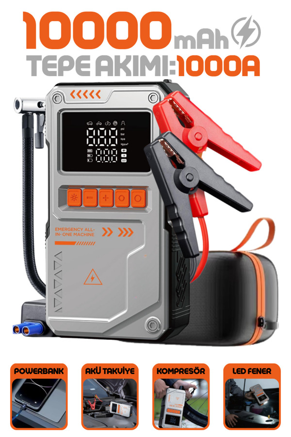 Enshall Jump Starter Auhma Akü 10.000 Mah Akü Takviye Cihazı 4'ü 1 Arada Powerbank Çantalı Hava Kompresörü