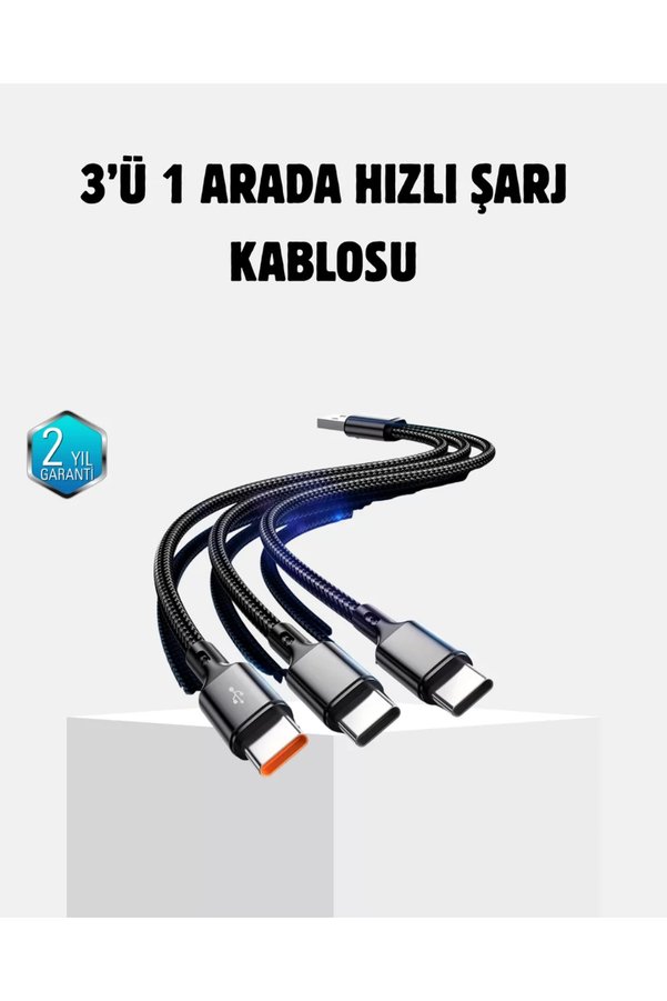 Ethab Giyim 3 Başlıklı Hızlı Şarj Kablosu Metal Alaşımlı Dayanıklı Ve Akıllı Çipli - Glst8947-116